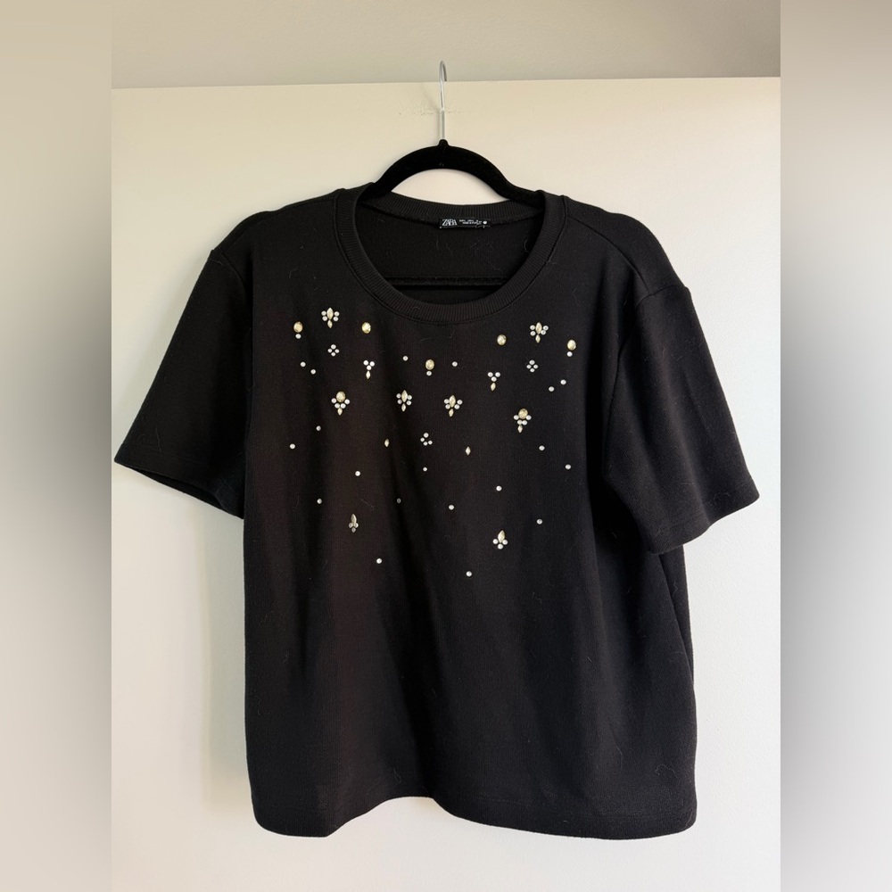 Zara Black Short Sleeve Tee with Pearl & Stud Embellishments